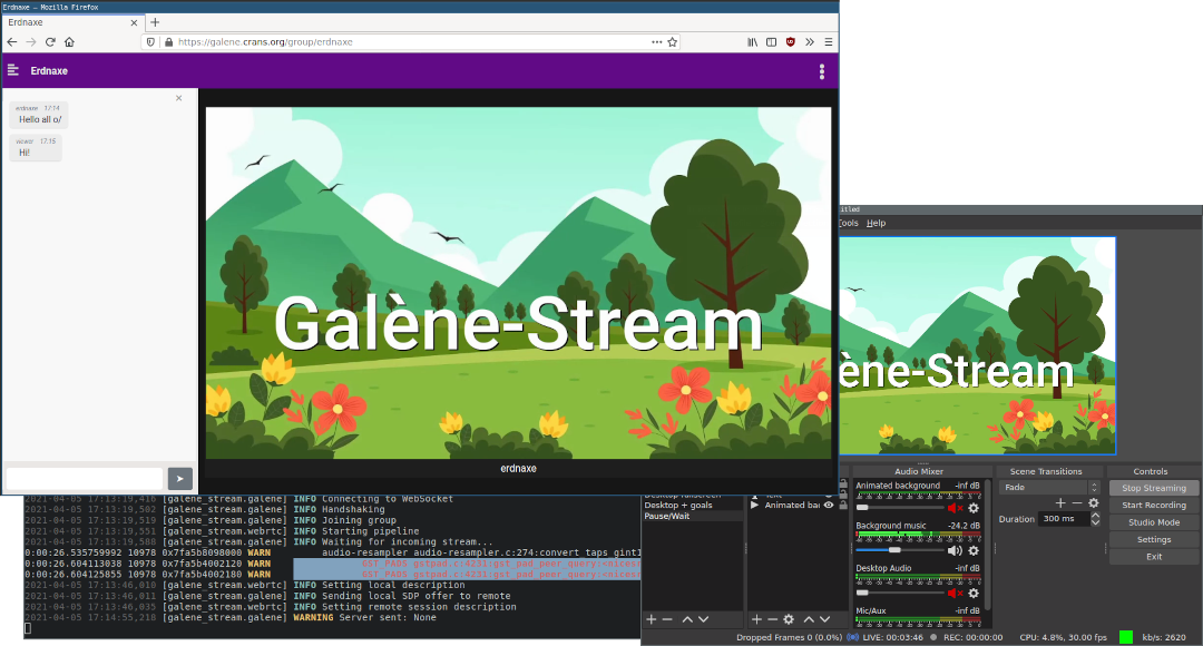 Streaming from OBS to Galène, video background from KaMy Video Stock