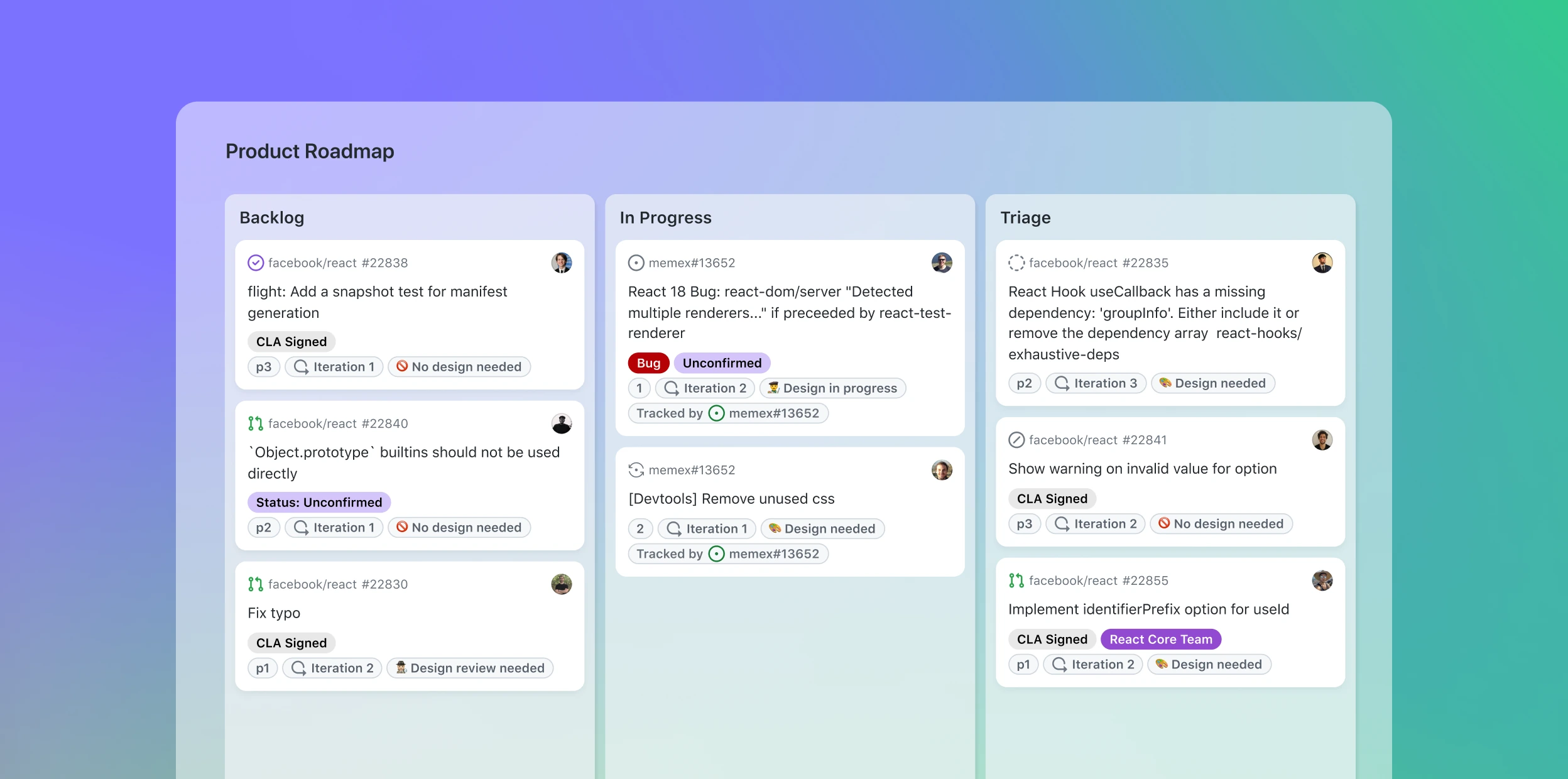 Screenshot of a GitHub Projects board titled 'Product Roadmap,' displaying three columns: Backlog, In Progress, and Triage. Each column contains cards representing issues or tasks, with labels and tags indicating status, priority, iteration, and design requirements. The board features a gradient background transitioning from blue to green.