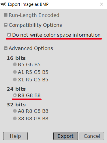 Do not write color space information, 24 bits color, R8 G8 B8