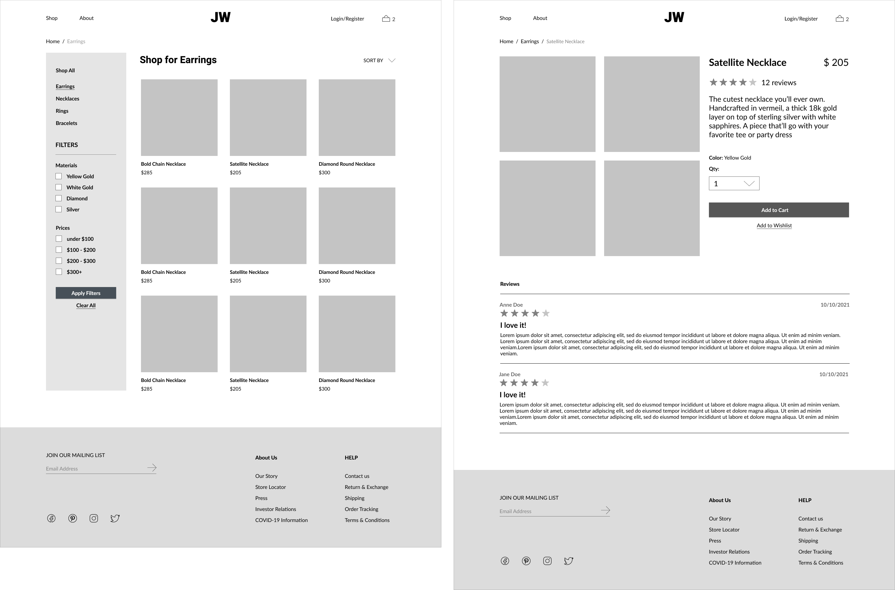 product pages wireframes