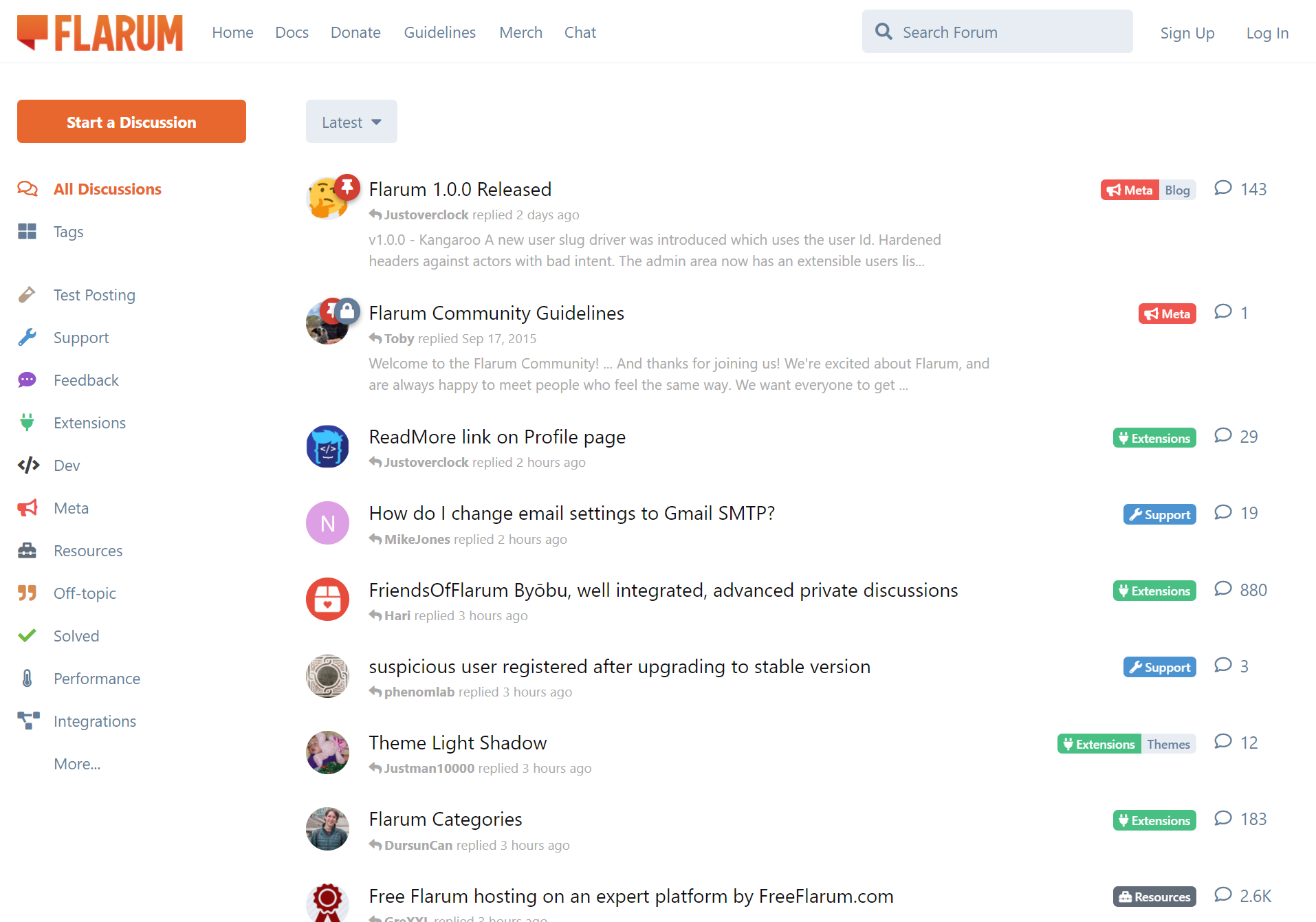 Screenshot of a Flarum instance, showing multiple discussions and tags.