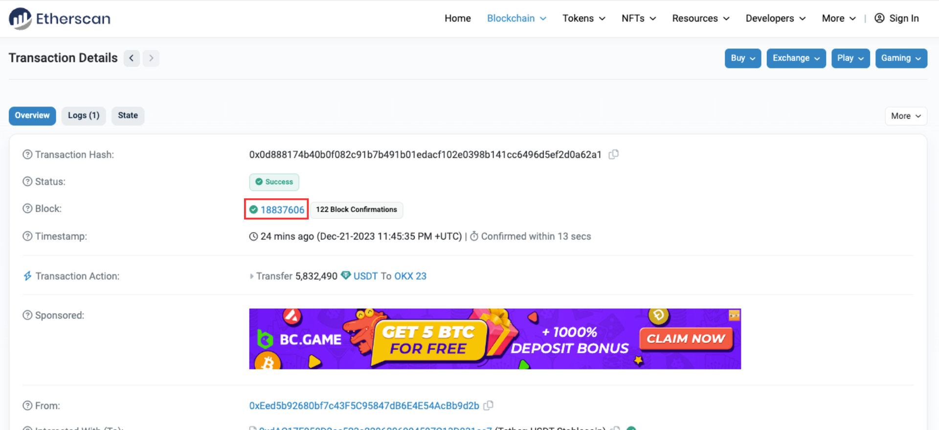 USDT transfer transaction details on Etherscan