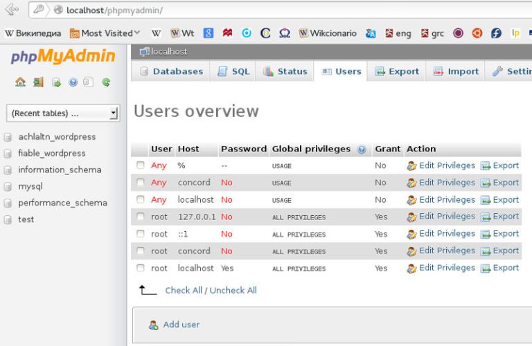 phpMyAdmin Users Tab selected