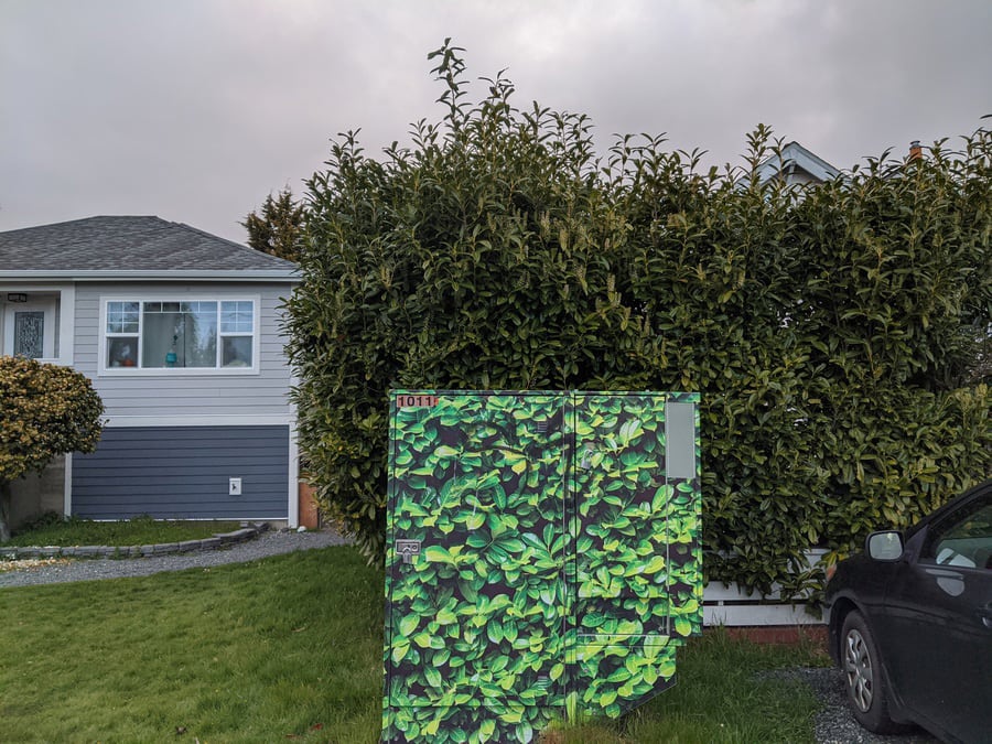 an electrical box decorated like a shrub sitting in front of a shrub