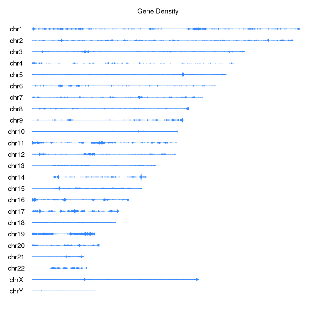 A karyoploteR example plotting the density of genes instead of the ideograms