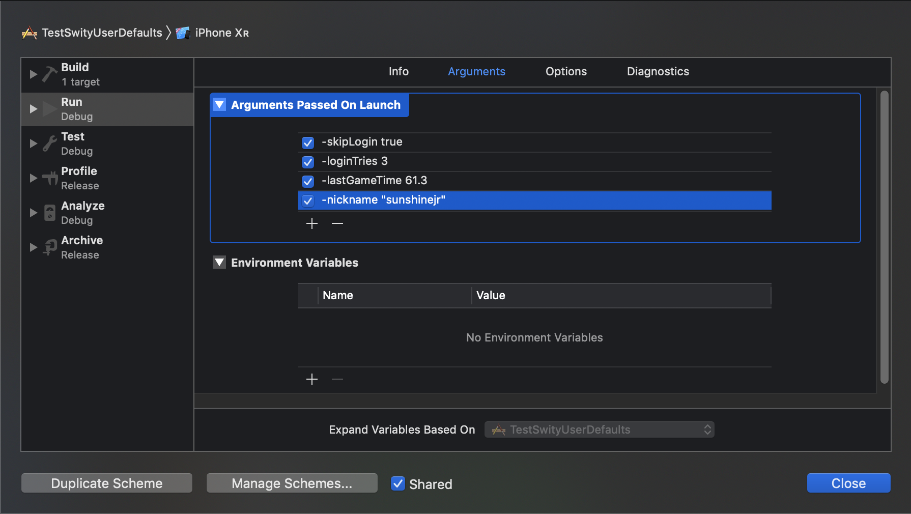 Pass launch arguments in Xcode Schema editor.