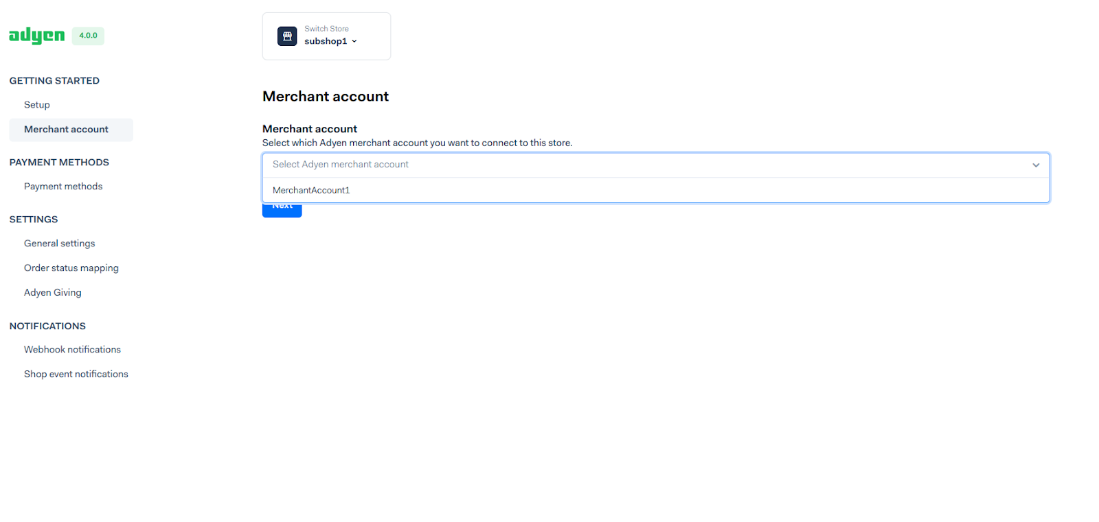 screenshot of the merchant account page