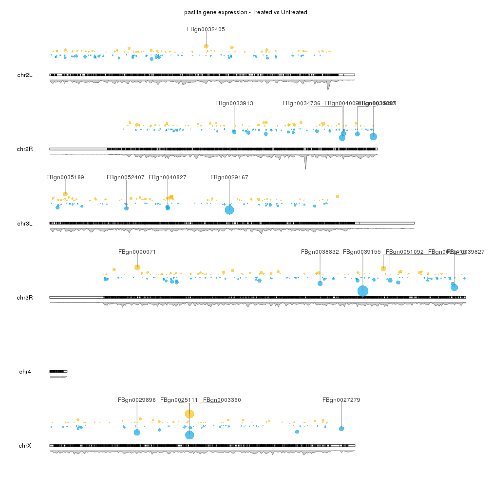 A karyoploteR example plotting differential expression results computed with RNA-seq data from Drosophila Melanogaster