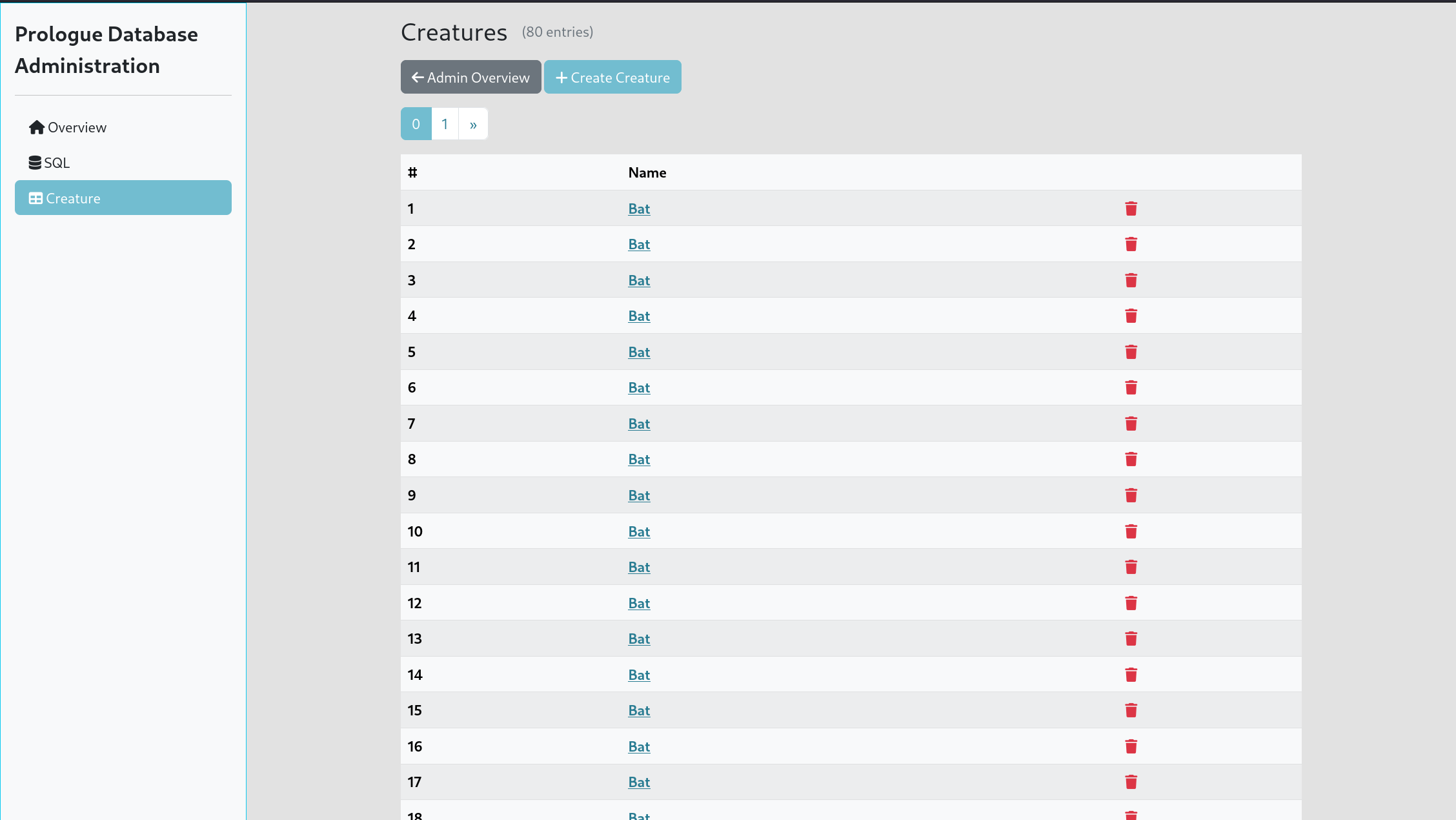 List view of specific table in example