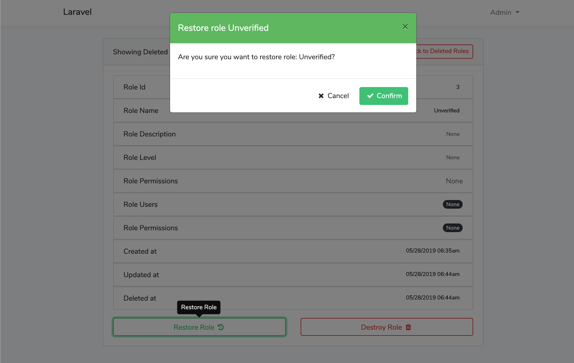 Laravel Roles GUI Restore Role