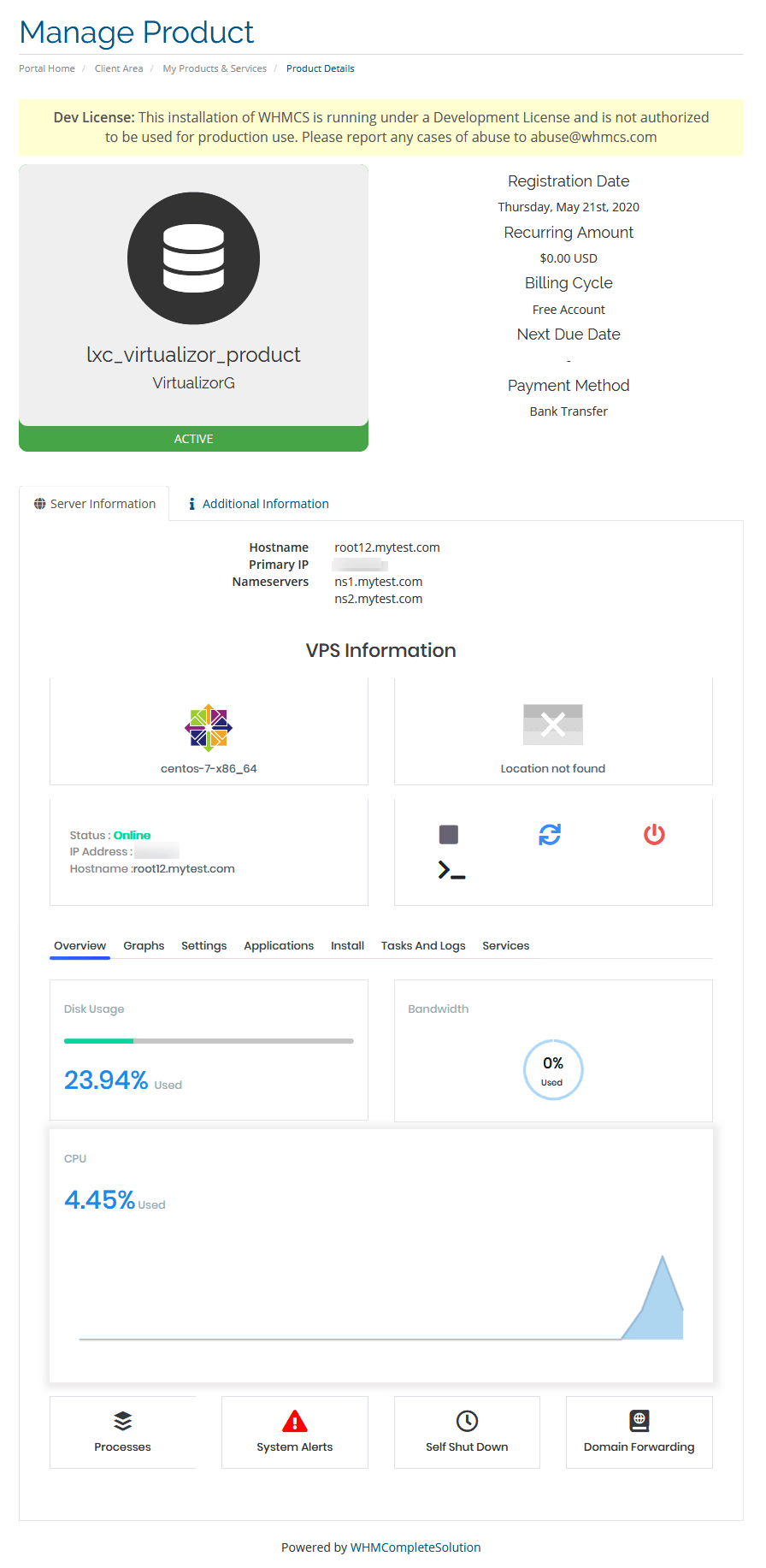 VPS Reseller end-user Client Area product details