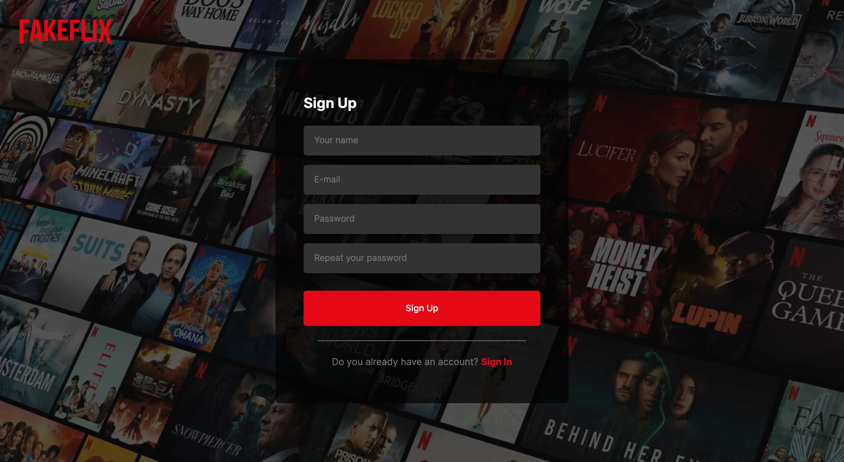 Screenshot of Fakeflix Sign Up