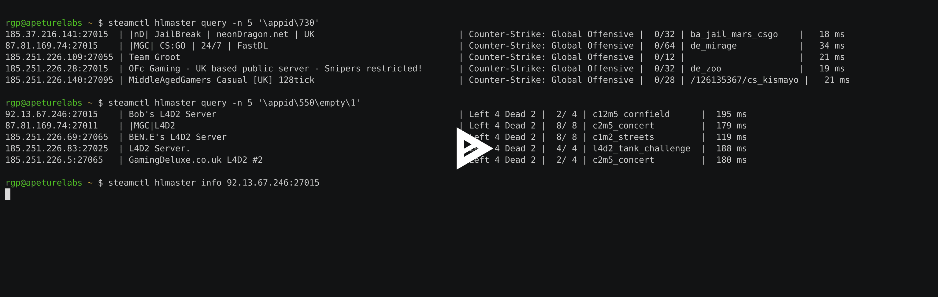 asciinema preview: steamctl hlmaster