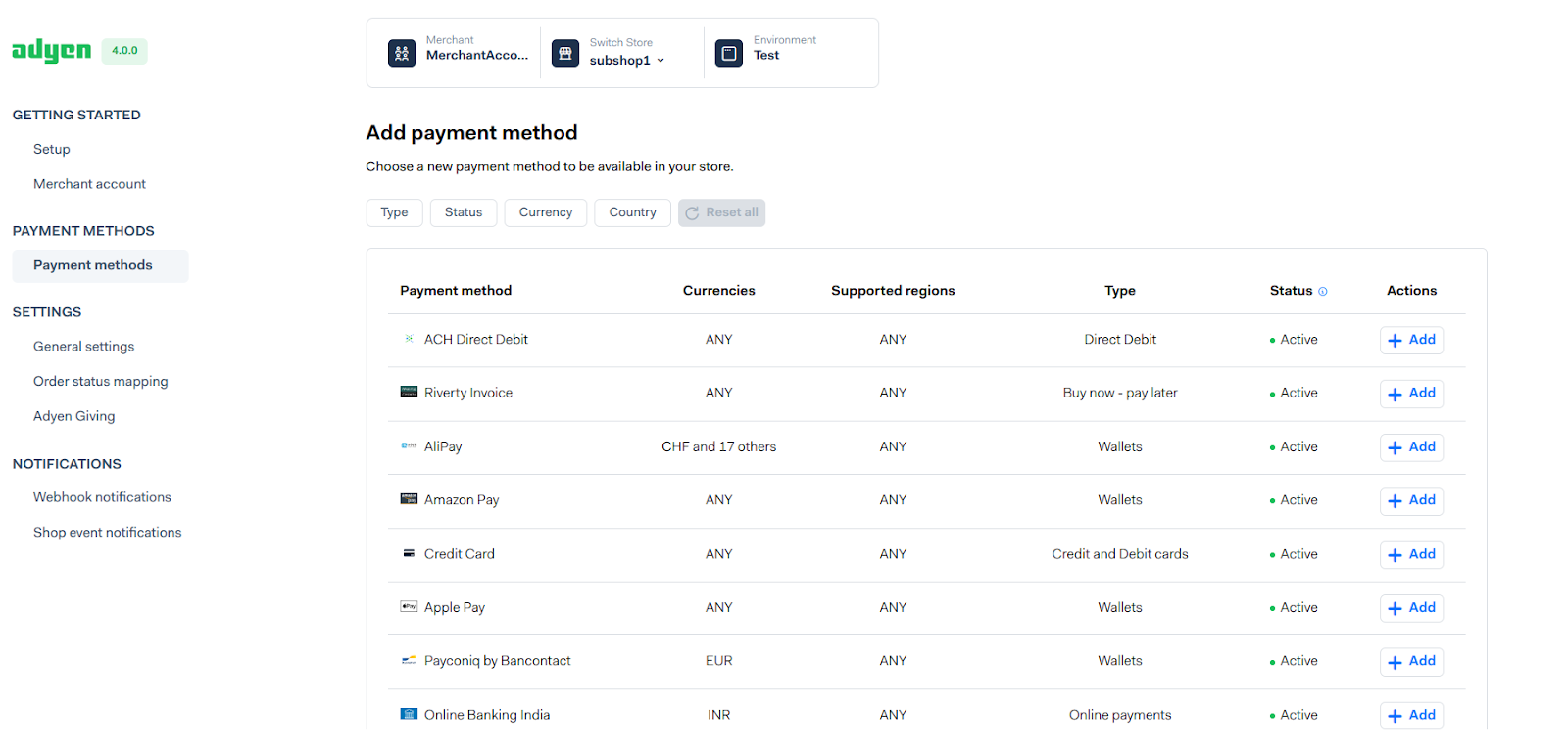 screenshot of the payment methods page