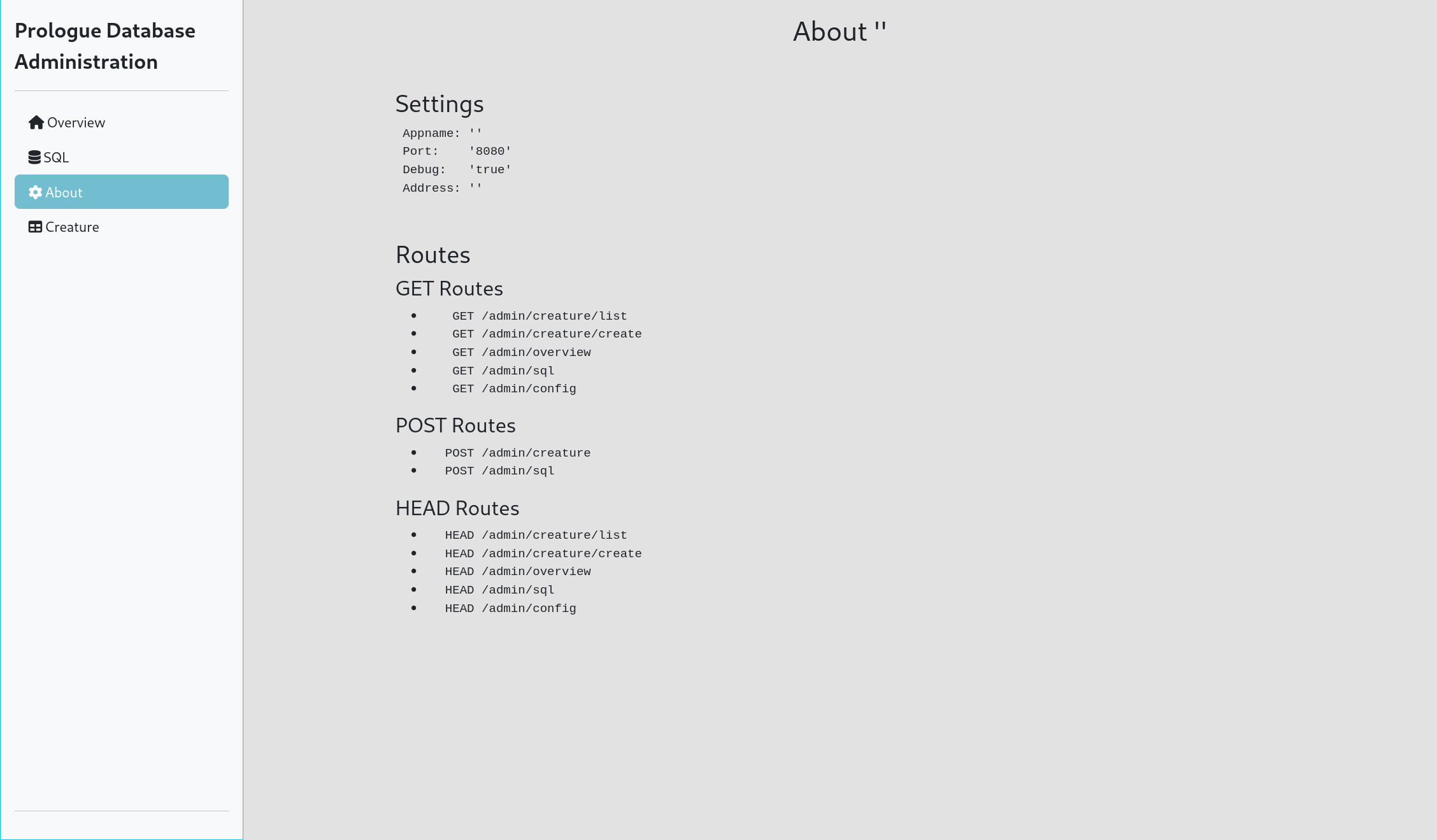 Main Settings of the application and all registered Routes