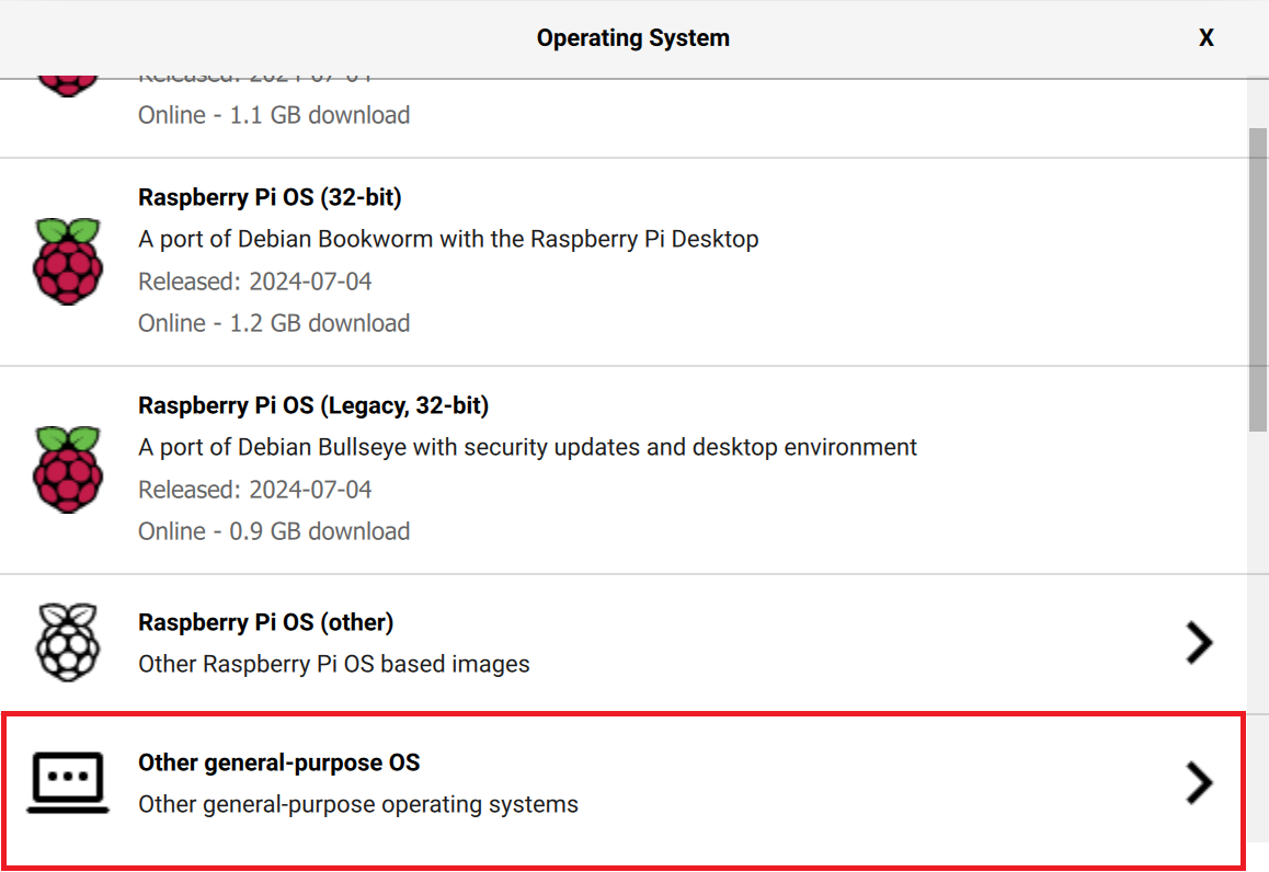 Screenshot of the operating system list on the RPI imaging software