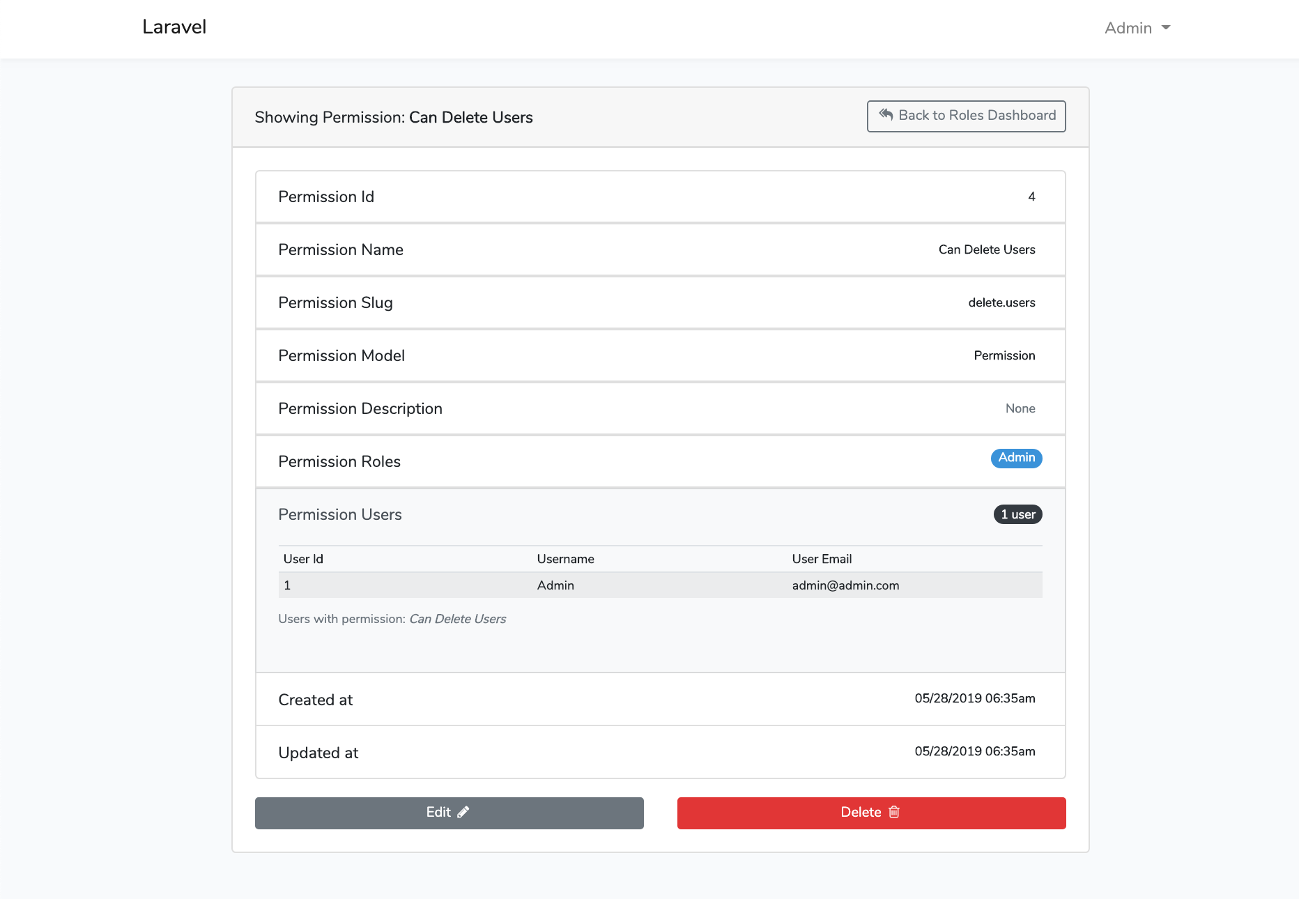 Laravel Roles GUI Show Permission