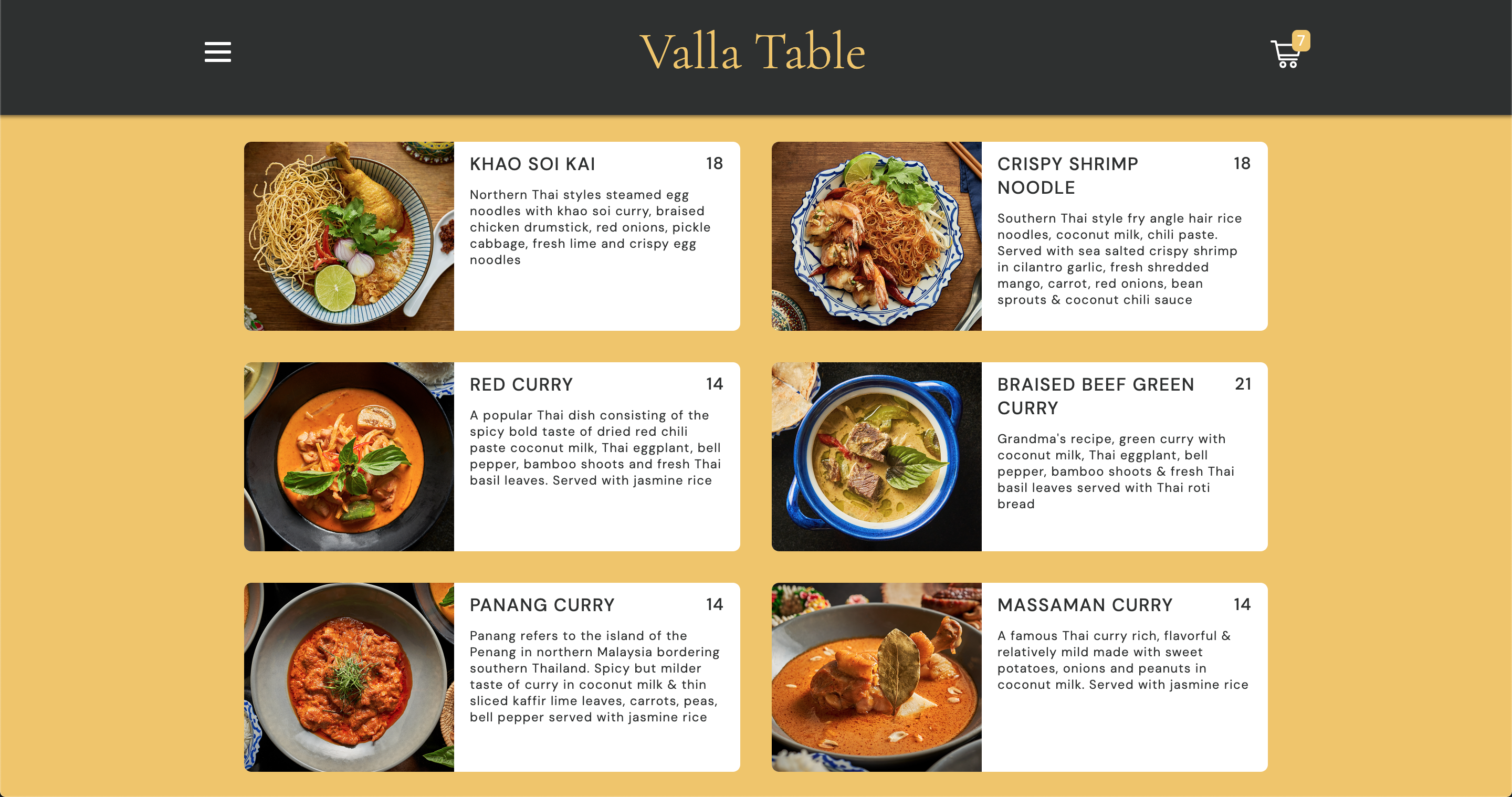 Order Online page displaying several menus with image, dish's name, price, and description