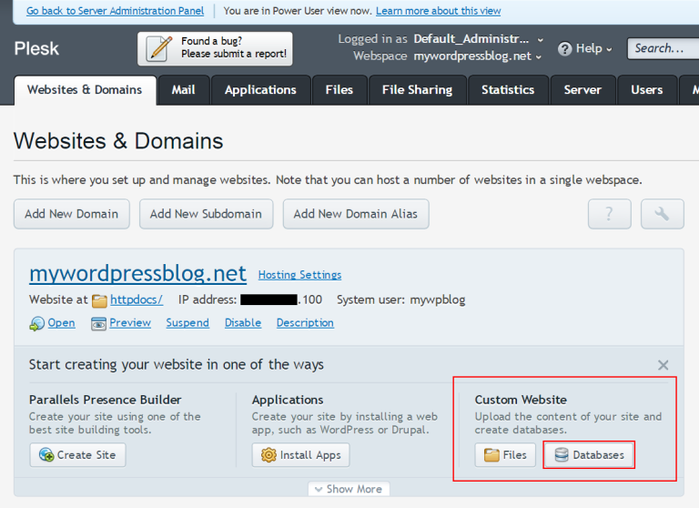 Plesk panel highlighting the Custom Website box with the databases button highlighted