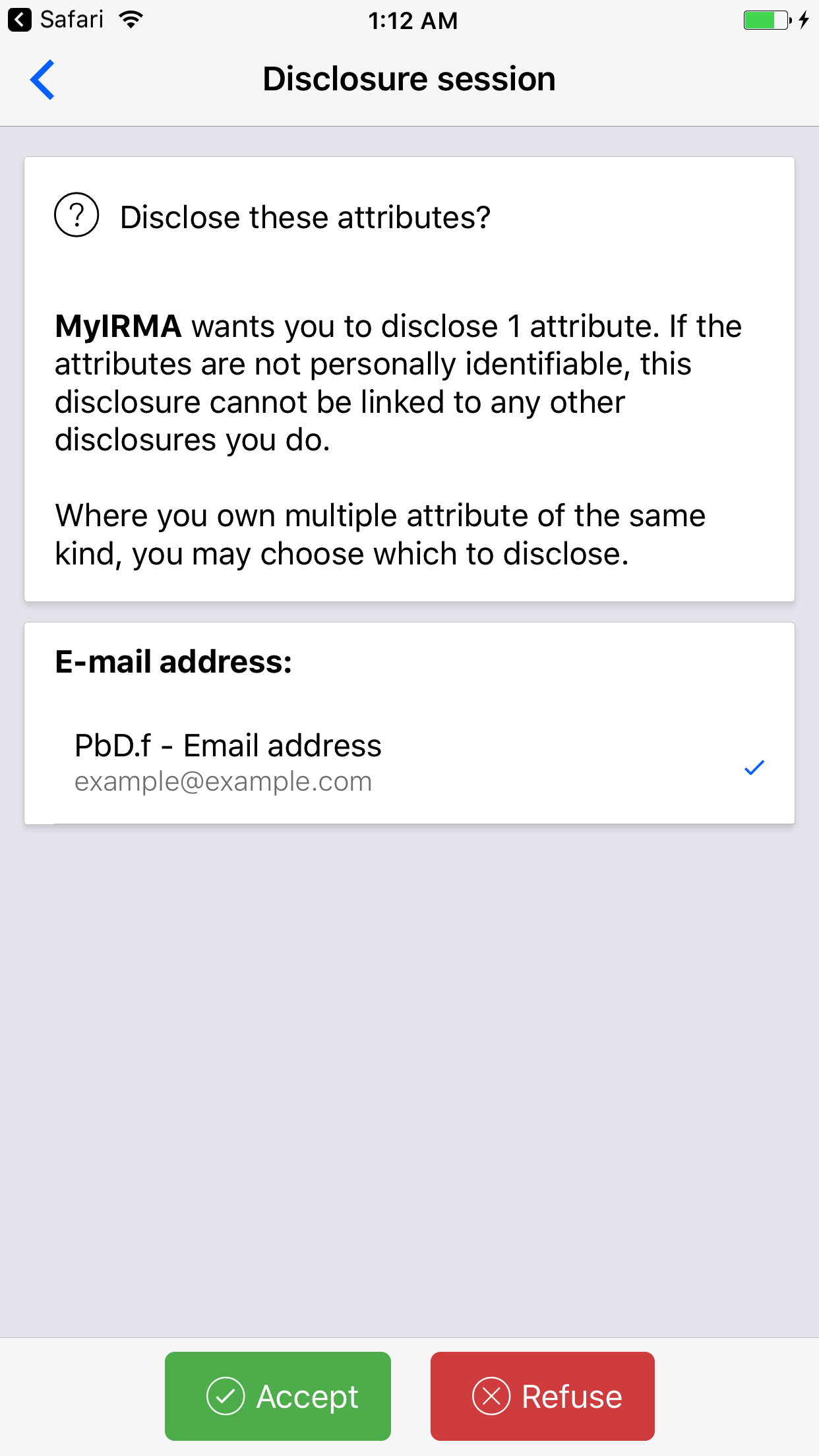 Screenshot of the IRMA app on Android, showing the 'disclose these attributes?' screen.